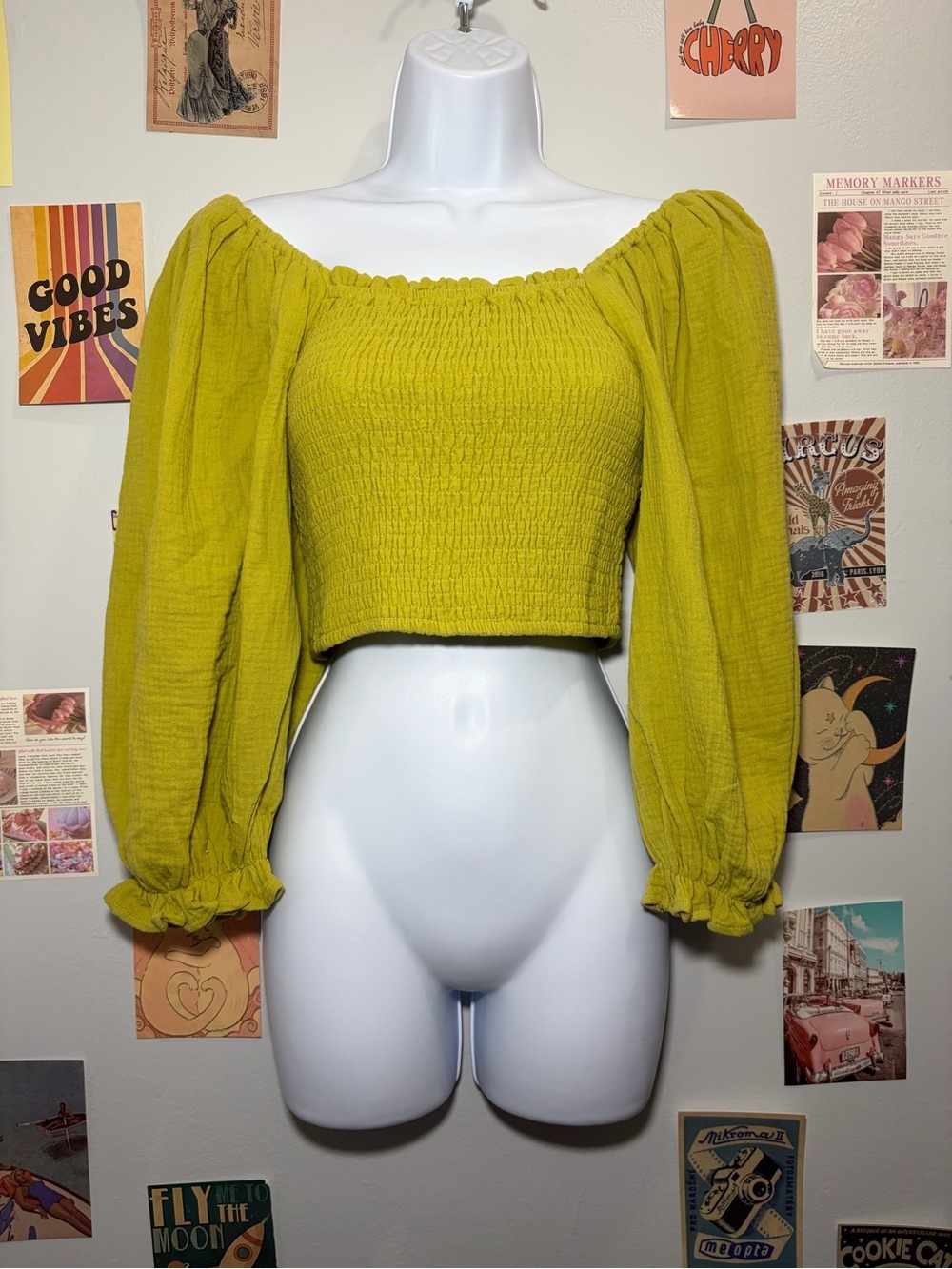 Women's Smocked Off-Shoulder Crop Top - Lime Green